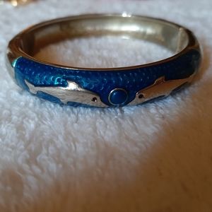 Enameled Blue and Silver Dolphin Clamper Bracelet